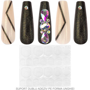Set 24 Unghii False Reutilizabile cu Manichiura Instant, Culoare Black Gold