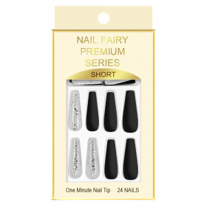 Set 24 Unghii False Reutilizabile cu Manichiura Instant, Culoare Negru si Argintiu