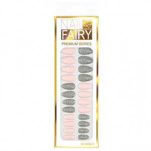 Set 24 Unghii False Reutilizabile cu Manichiura Instant Culoare Roz | Argintiu