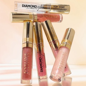 Luciu Buze Top Coat cu Acid Hialuronic - Eveline Diamond Glow Lip Luminiser, No. 01. Prezentare culori.