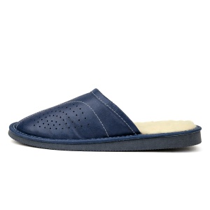 Papuci de Casa din Piele Imblaniti cu Lana Model 'Rustic' Blue Stone - Vedere din lateral.