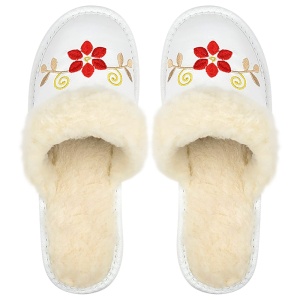Papuci de Casă din Piele Îmblăniți cu Lână Naturală Tylbut "FairyLand" White - Căldură și Eleganță Feminină