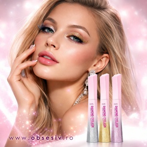 Eleganță Modernă: Îndrăznește să fii diferită! Rimelul roz cu glitter aduce un strop de glamour neașteptat unui look sofisticat.
