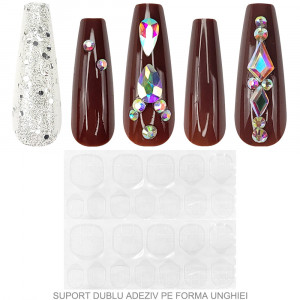 Set 24 Unghii False Reutilizabile cu Manichiura Instant, Culoare Vișiniu și Argintiu