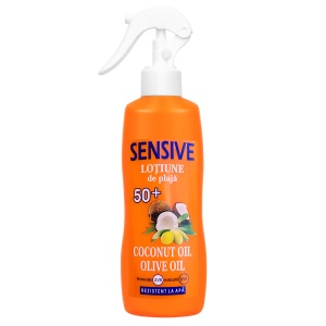 Loțiune de Plajă Spray SPF 50+ Sensive cu Ulei de Cocos și Ulei de Măsline - Protecție Maximă (Rezistentă la Apă), 250ml