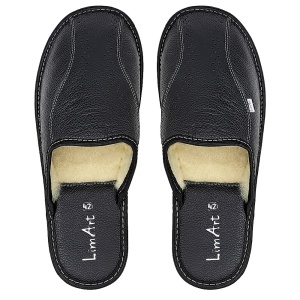 Papuci de Casa din Piele Îmblăniți cu Lână - Lim Art Model 'Luxury Mistery' Black, Eleganță Masculină și Confort Natural