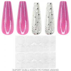 Set 24 Unghii False Reutilizabile cu Manichiura Instant, Model Fuchsia Galaxy