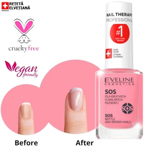 Sticla de balsam Unghii Fragile si Casante Eveline Cosmetics SOS pe fundal alb.