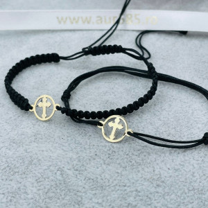 Bratara cu snur si disc cu cruciulita din aur 14k - Img 2