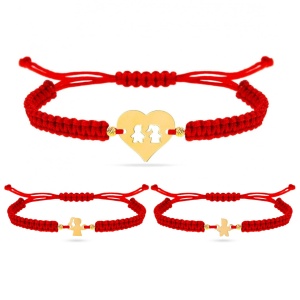 Set 3 bratari cu snur pentru mama si copii - Inima cu figurine decupate din aur 14K