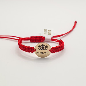 Bratara cu snur si banut din aur 14k de 12mm personalizabil cu nume si coroana