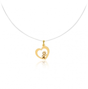 Colier cu fir transparent si Inimioara cu Copii din AUR 14K
