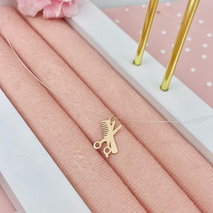 Colier Hairstylist cu fir transparent si pandantiv foarfeca/pieptene din Aur 14k - Img 3
