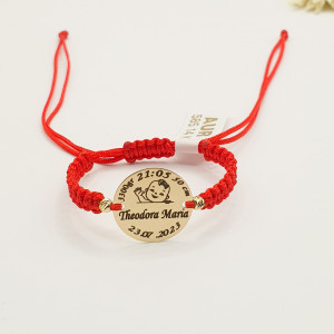 Bratara pentru copii - cu snur si banut de 14mm din Aur 14k personalizat cu datele nasterii - Img 4