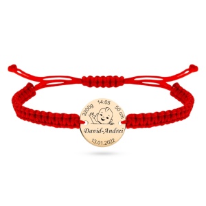 Bratara pentru copii - cu snur si banut de 14mm din Aur 14k personalizat cu datele nasterii