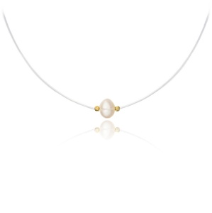 Colier cu fir transparent, perla de cultura si bilute din AUR 14K
