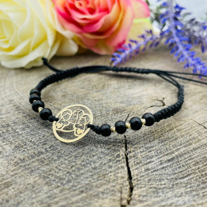 Bratara cu snur si disc familia personalizabil + bilute din aur 14k - Img 2