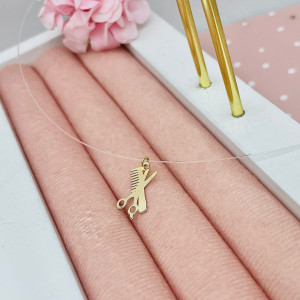 Colier Hairstylist cu fir transparent si pandantiv foarfeca/pieptene din Aur 14k - Img 2