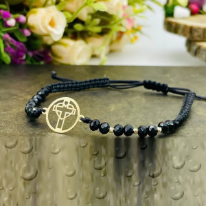 Bratara cu snur si disc cruciulita din aur 14k + bilute - Img 2