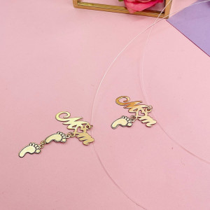 Colier cu fir transparent si pandantiv Mom din Aur 14k 585 cu talpita personalizabila - Img 2