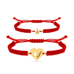 Set 2 bratari cu snur pentru mama si copil - Inima cu figurina decupata din aur 14K