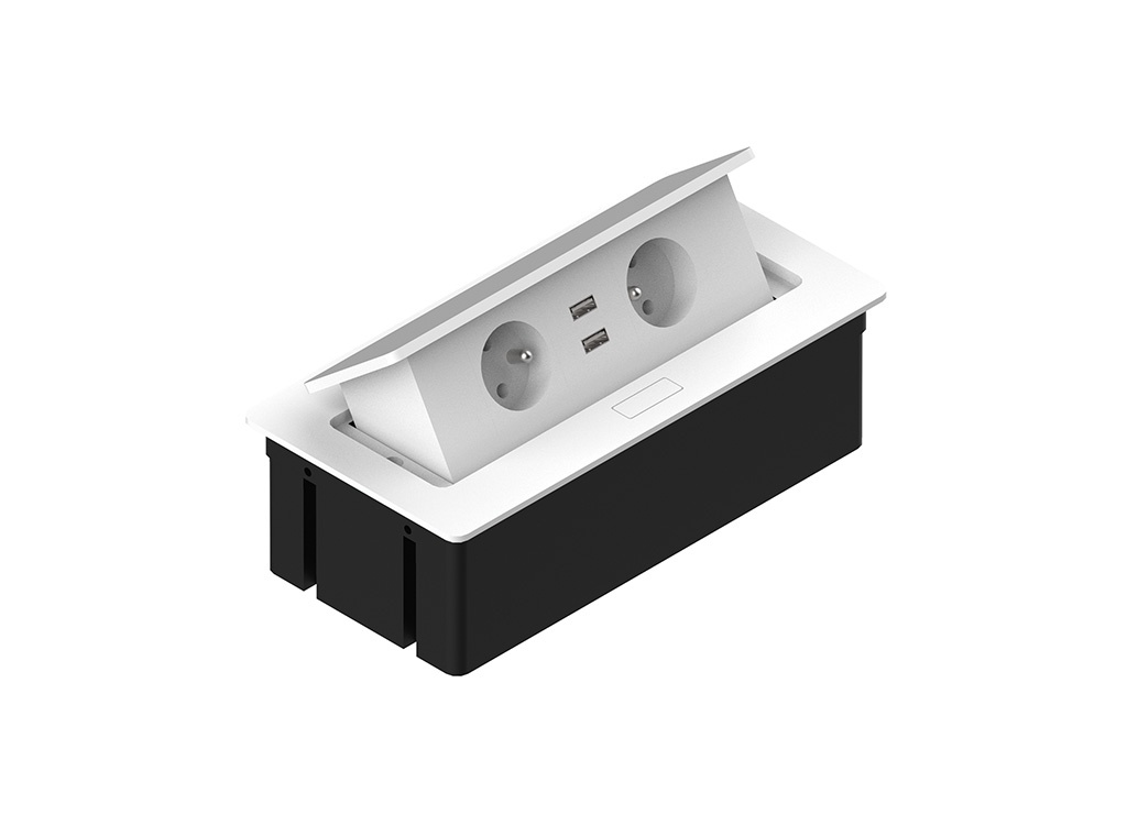 Priza in desk -KWADRO, 2XSCHUKO, 2XUSB 2.1A 5V (Culoare profil: Alb, VREAU BLATUL DECUPAT PENTRU PRIZA: DA)