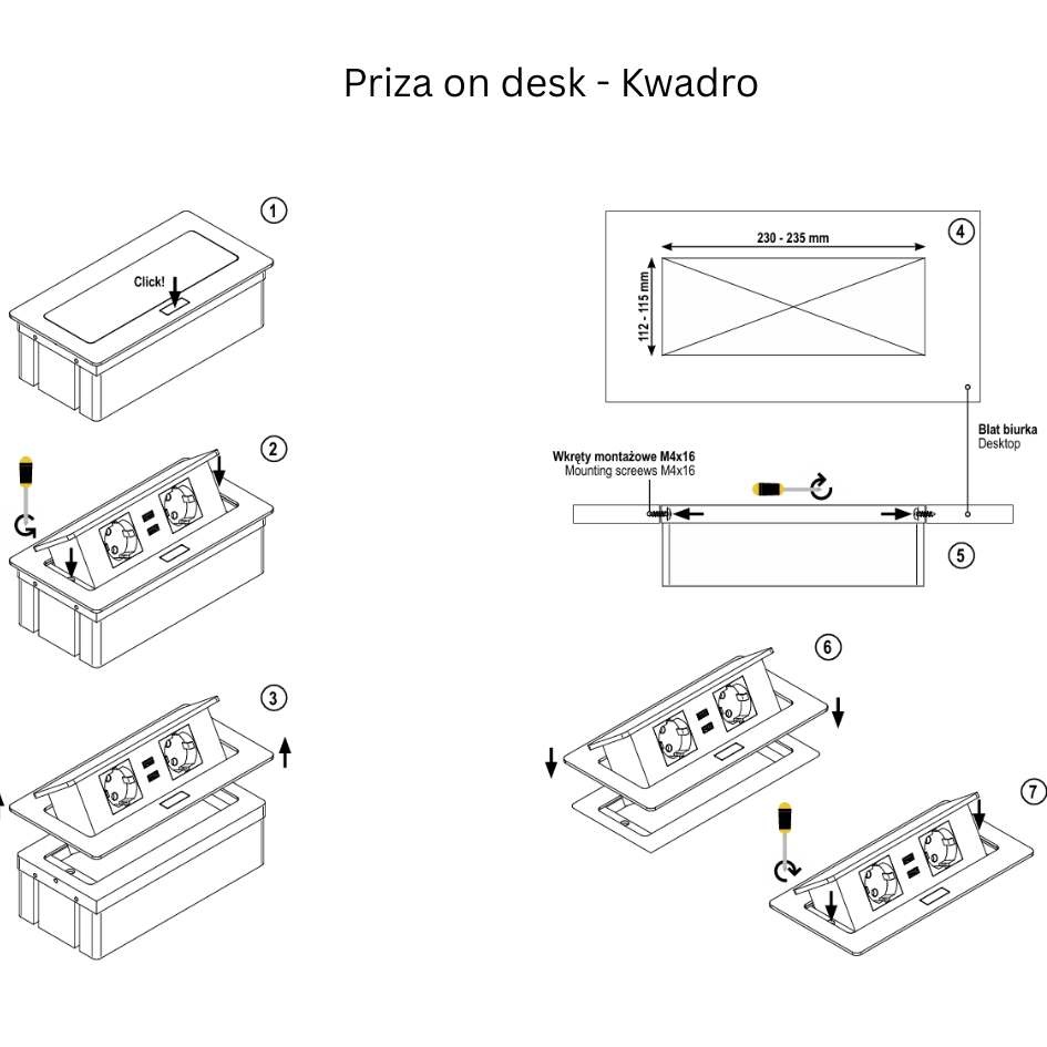 Priza in desk -KWADRO, 2XSCHUKO, 2XUSB 2.1A 5V (Culoare profil: Negru, VREAU BLATUL DECUPAT PENTRU PRIZA: NU) - 2 | YEO