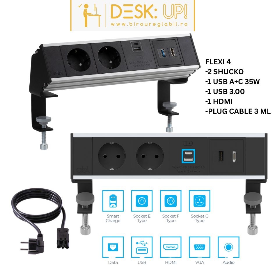 PRIZA PROFESIONALA FLEXI 4, 2 SHUCKO, 1 SLOT USB A+C 35W, HDMI, 1 USB 3.0