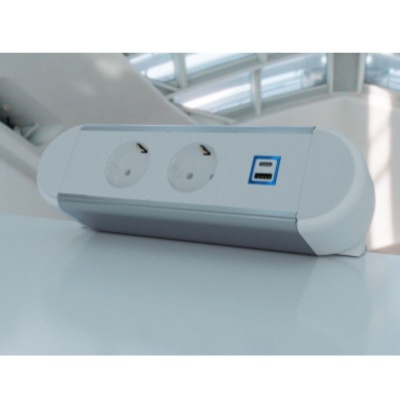 Priza de birou cu 2 module shucko + 1 modul USB A+c 35W - prindere exterioara tip menghina