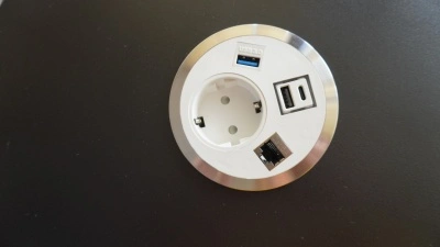 Priza rotunda in desk - Port El - 1 Shucko, 1 USB A+C, 1xRJ45,Cat6A 1xUSB