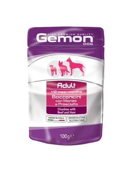 Gemon hrană umedă pentru câini adulti, vită și șuncă chunkies 100 g – 0605