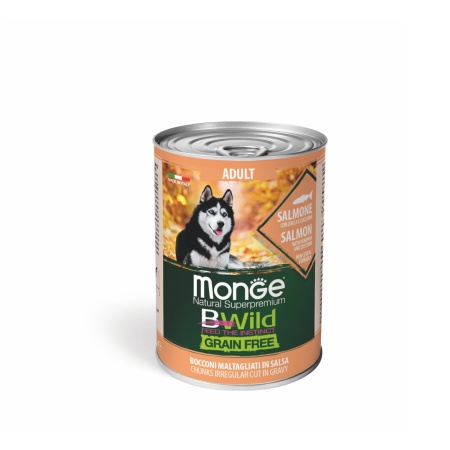 Monge Bwild hrană umedă fără cereale pentru câini, somon și dovlecel bucăți în sos 400 g – 1262