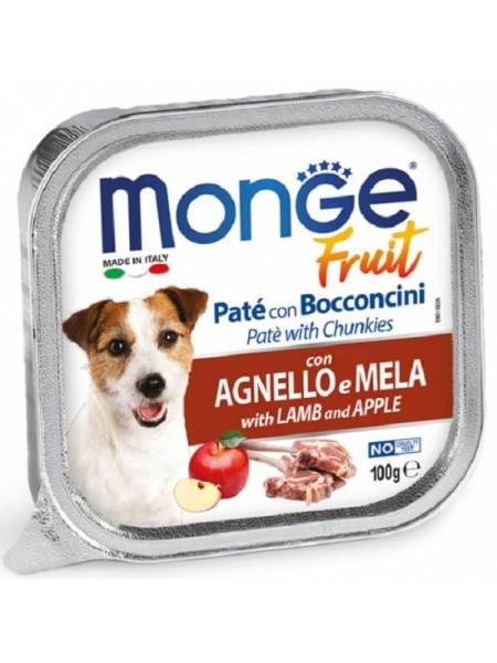 Monge Fruit hrană umedă pentru câini miel și măr pate & chunkies 100 g – 3222