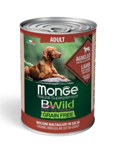Monge Bwild hrană umedă fără cereale pentru câini, miel cu dovleac și dovlecel bucăți în sos 400 g – 2614