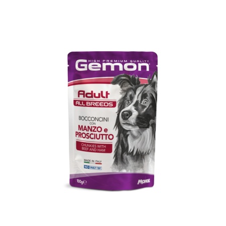 Gemon hrană umedă pentru câini adulți, vită și șuncă plic 100 g – 0605