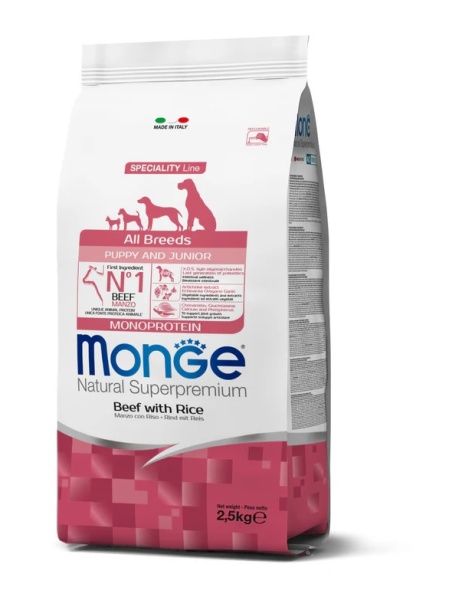 Monge hrană uscată pentru căței Puppy&Junior, vită și orez 2,5 kg – 1372