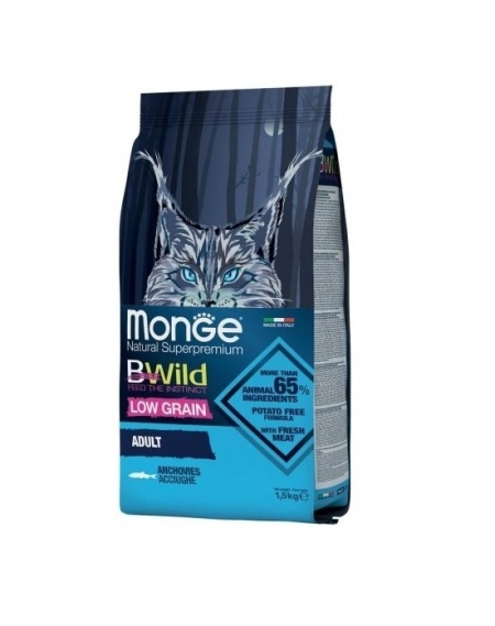 Monge BWild hrană uscată low grain pentru pisici adulte, anșoa 1,5 kg – 2010