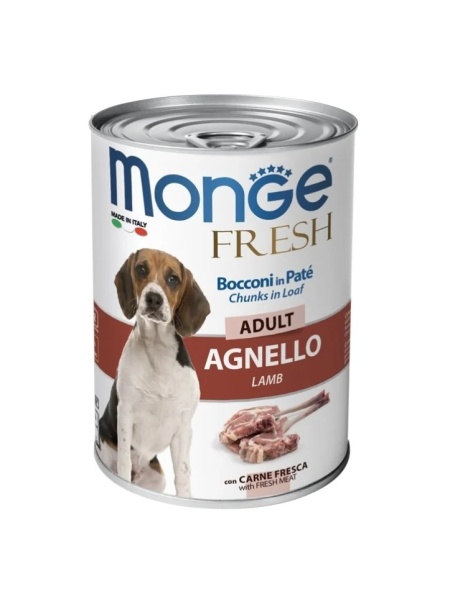 Monge Fresh hrană umedă pentru câini adulți, miel bucăți în aspic 400 g – 4571