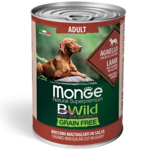 Monge Bwild hrană umedă fără cereale pentru câini, miel cu dovleac și dovlecel bucăți în sos 400 g – 2614