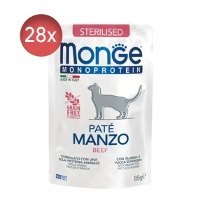 Monge hrană umedă monoproteică pentru pisici sterilizate, pate cu vită, plic 85 g – 3741 x 28 buc