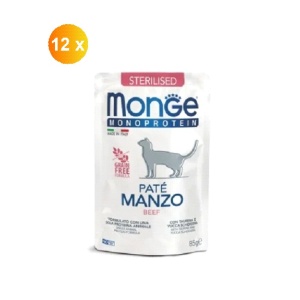 Monge hrană umedă monoproteică pentru pisici sterilizate, pate cu vită, plic 85g x 12buc – 3741