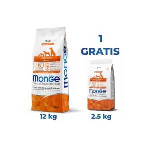 Pachet Monge hrană uscată pentru câini adulți, rață, orez și cartofi 12 kg – 1136