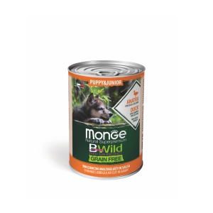 Monge Bwild hrană umedă fără cereale pentru căței Puppy&Junior, rață, dovleac și dovlecel bucăți în sos 400 g – 2607