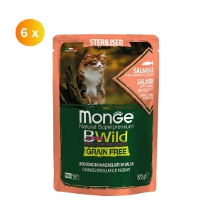 Monge BWild hrană umedă pentru pisici sterilizate adulte , somon, creveti si legume 85g x 6buc - 2782