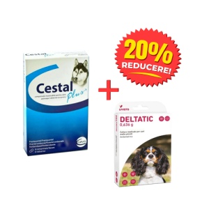 Pachet deparazitare internă și externă pentru câini, talie foarte mică – Cestal Plus 8 tab + Zgarda Deltatic 35 cm