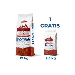 Pachet Monge hrană uscată pentru câini adulți, miel, orez și cartofi 12 kg (1327) + 2.5 kg gratis (1310)