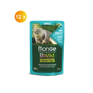 Monge BWild hrană umedă pentru pisici adulte, cod, creveți și legume plic 85 g x 12buc– 2768