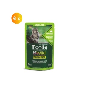 Monge BWild hrană umedă pentru pisici adulte sterilizate, mistreț și legume plic 85 g – 2805 x 6buc