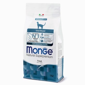 Monge hrană uscată monoproteică pentru pisici sterilizate, păstrăv 1,5 kg – 5494