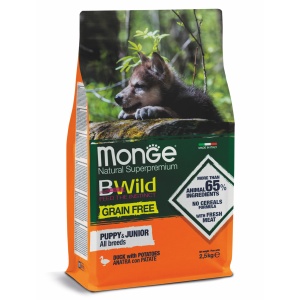 Monge BWild hrană uscată fără cereale pentru căței Puppy&Junior, rață și cartofi 2,5 kg – 4787